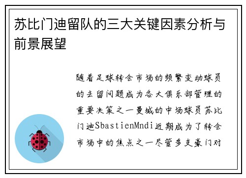 苏比门迪留队的三大关键因素分析与前景展望