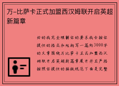 万-比萨卡正式加盟西汉姆联开启英超新篇章