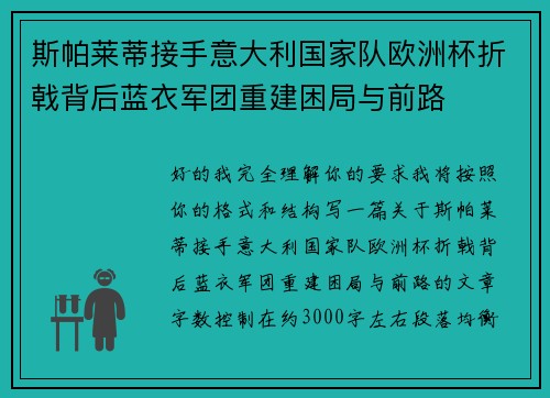 斯帕莱蒂接手意大利国家队欧洲杯折戟背后蓝衣军团重建困局与前路