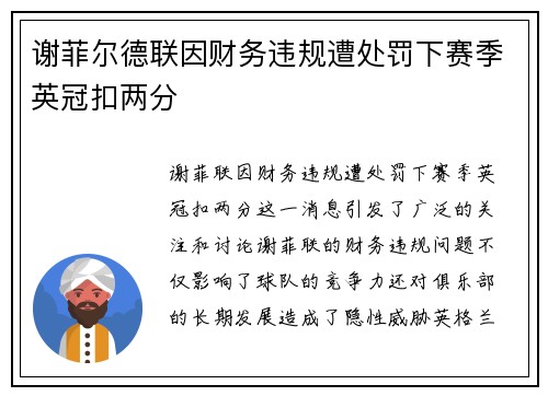 谢菲尔德联因财务违规遭处罚下赛季英冠扣两分